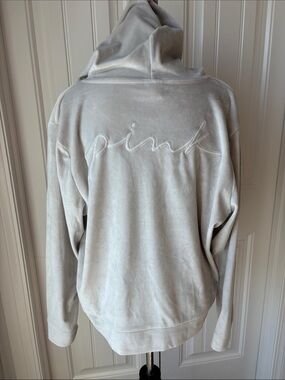 PINK by Victoria's Secret Light Beige Zipper Hoodie with Embroidered Pink
